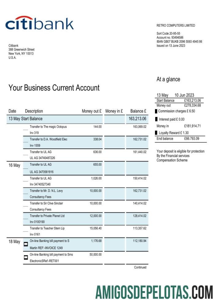 Em branco Extrato de conta comercial do Citibank Bank modelo Word e PDF